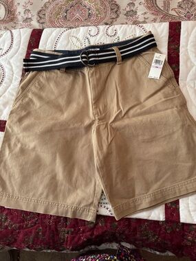 Izod Tan Men's Chino Bermuda Shorts with Black & White Stripe Belt